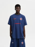 MASONPRINCE Reconstructed Applique T Shirt in Navy Blue - On Male Model