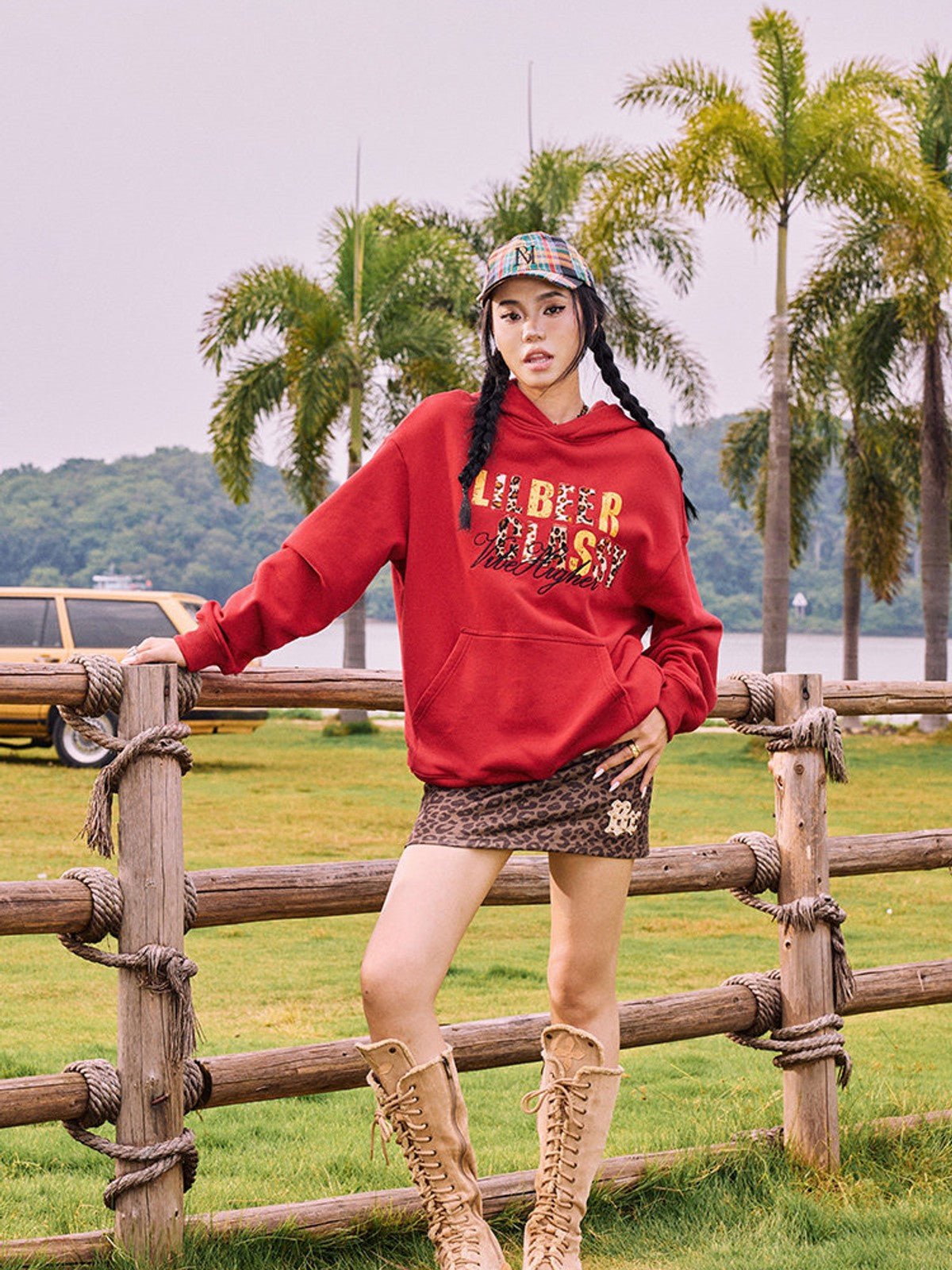 BEERBRO Heavyweight Graphic Print Hoodie in Red - On Female Model