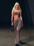 SMFK Wide Leg Cotton Cargo Sweatpants in Brown - On Female Model