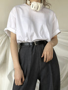MASONPRINCE Pleated Wide Leg Trousers in Gray - On Female Model