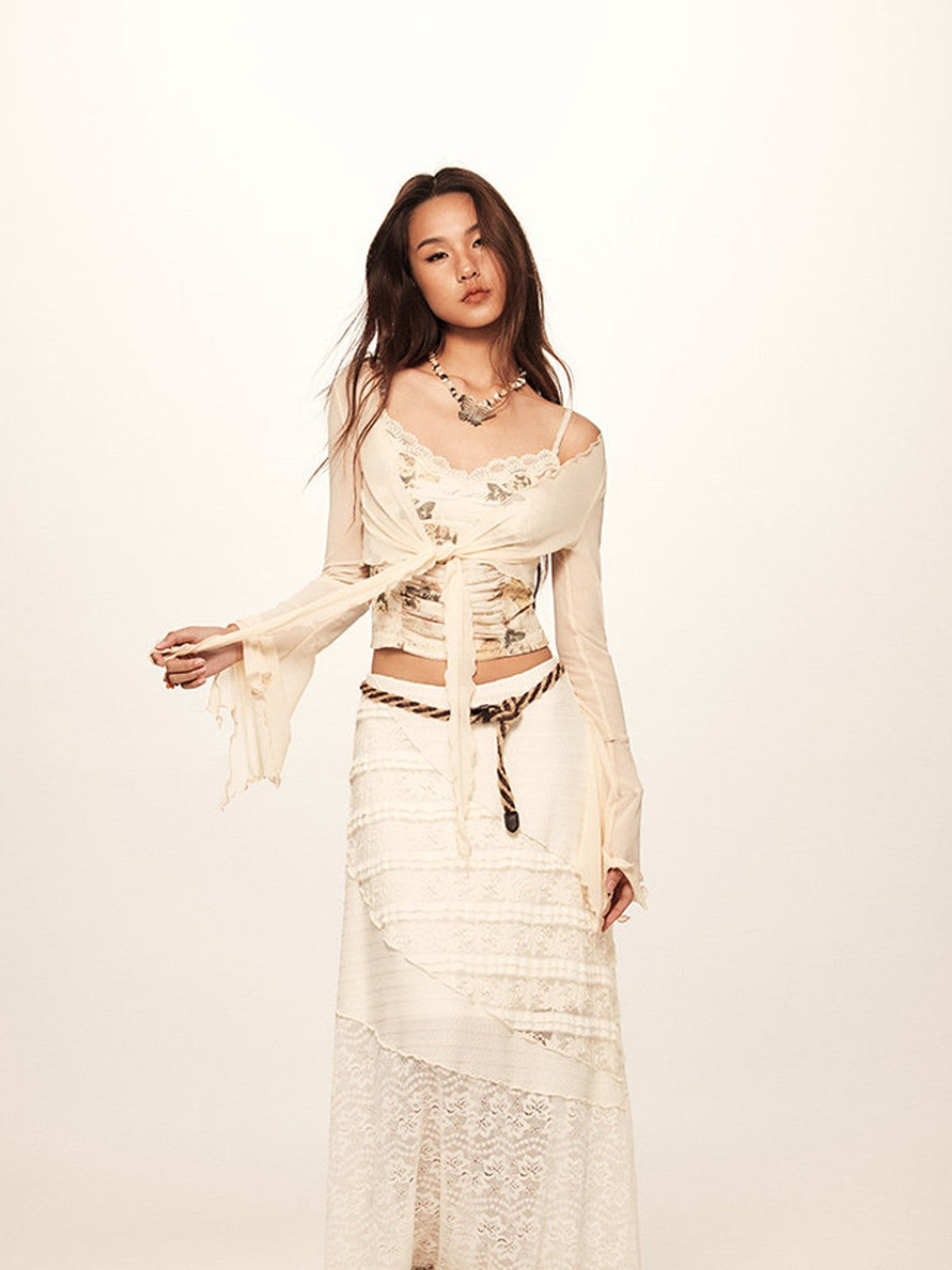 BEERBRO Sheer Mesh Tie Front Top in White - On Female Model