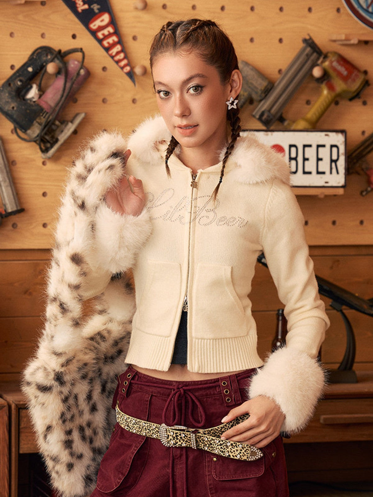 BEERBRO Fur Trimmed Rhinestone Knit Hoodie in Orange - On Female Model