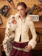 BEERBRO Fur Trimmed Rhinestone Knit Hoodie in Orange - On Female Model