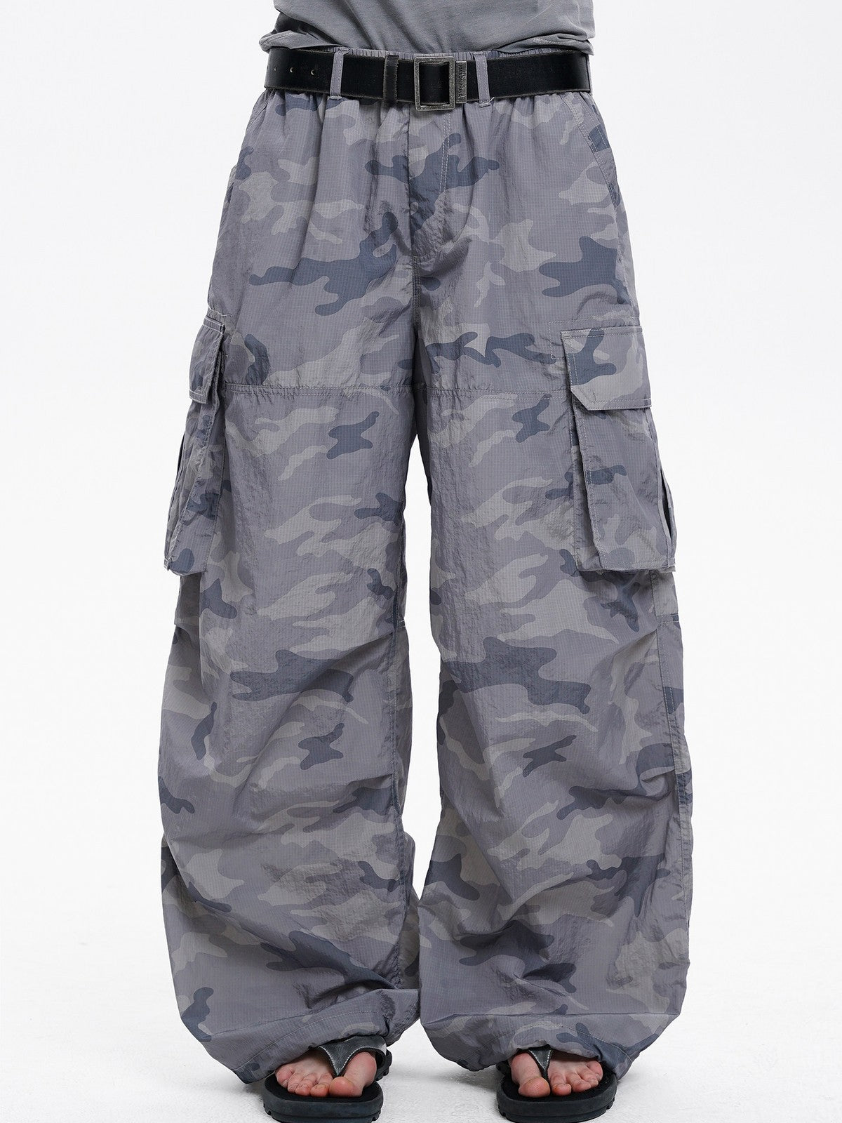 MASONPRINCE Camo Nylon Cargo Parachute Pants in Gray - On Model