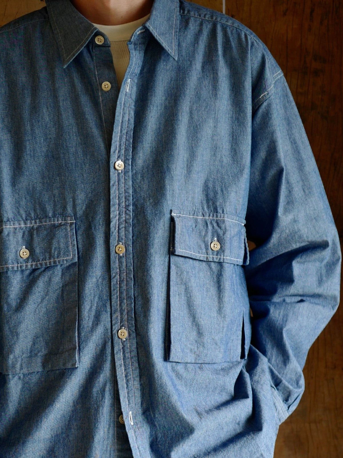 USAGE Cotton Chambray Safari Shirt in Denim - On Male Model