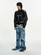 BLINDNOPLAN Cropped Paneled Faux Leather Moto Jacket in Black - On Male Model