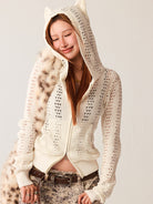 BEERBRO Devil Horn Open Knit Cardigan in White - On Female Model