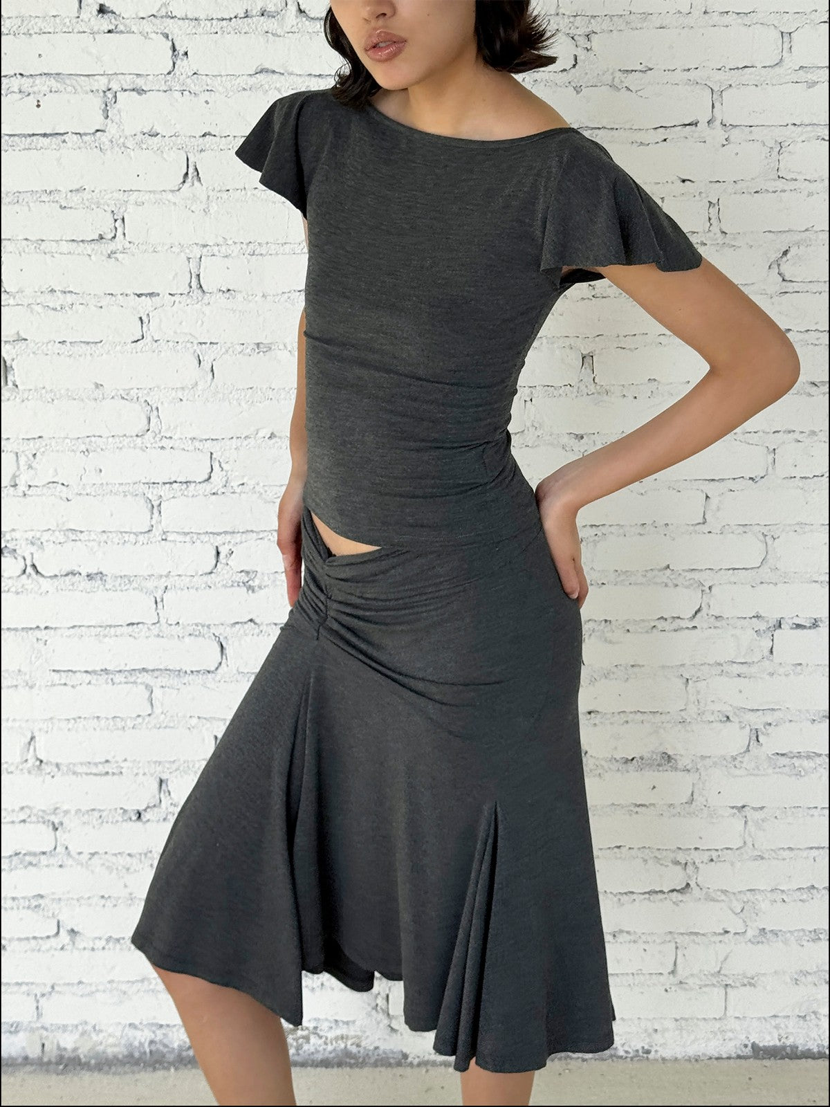 FaxCopyExpress Flutter Sleeve Open Back Top in Gray - On Female Model