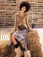 BEERBRO Raw Edge Textured Knit Cardigan in Beige - On Female Model