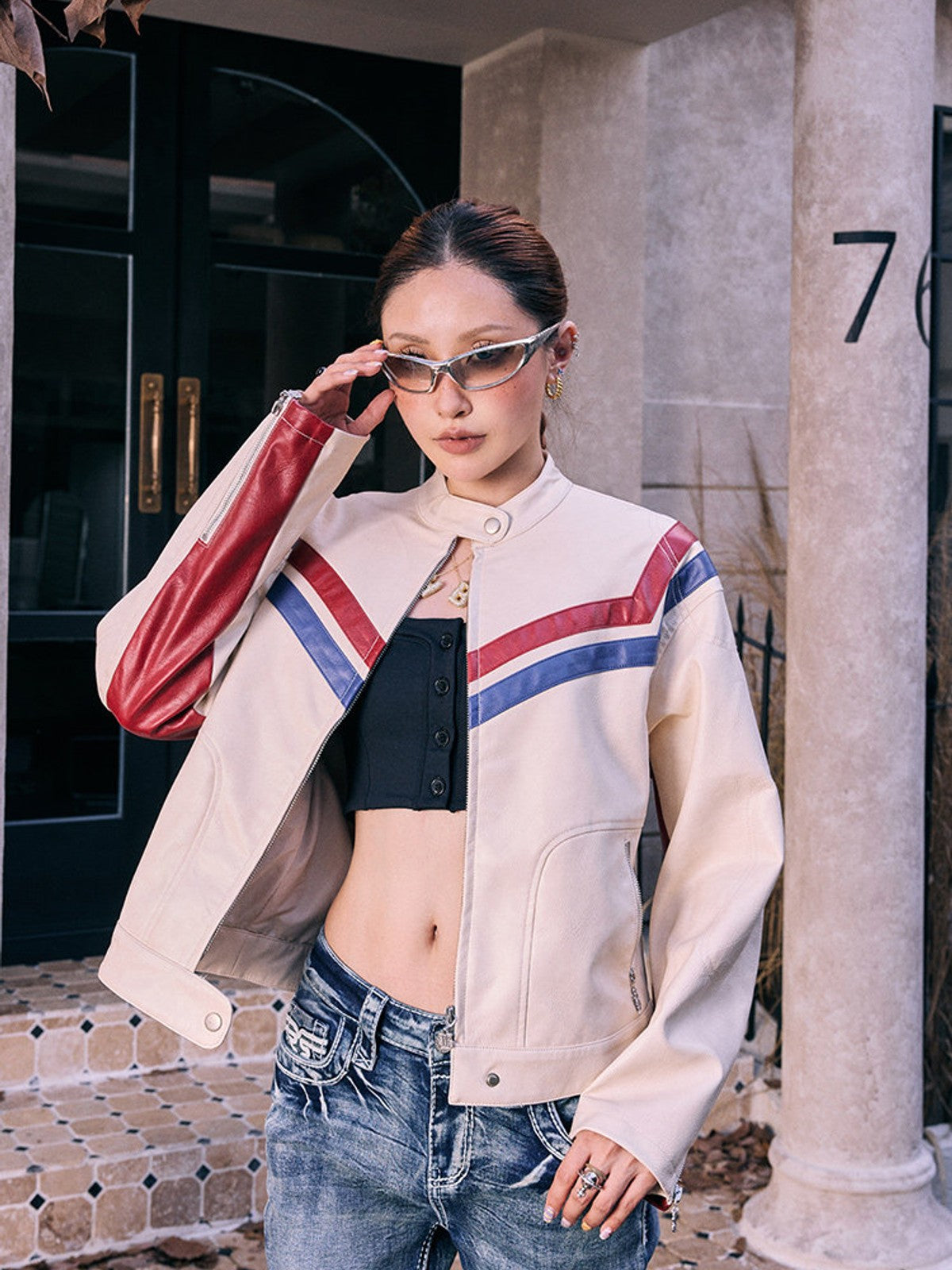 BEERBRO Contrast Stripe Leather Jacket in Cream - On Female Model