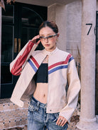 BEERBRO Contrast Stripe Leather Jacket in Cream - On Female Model