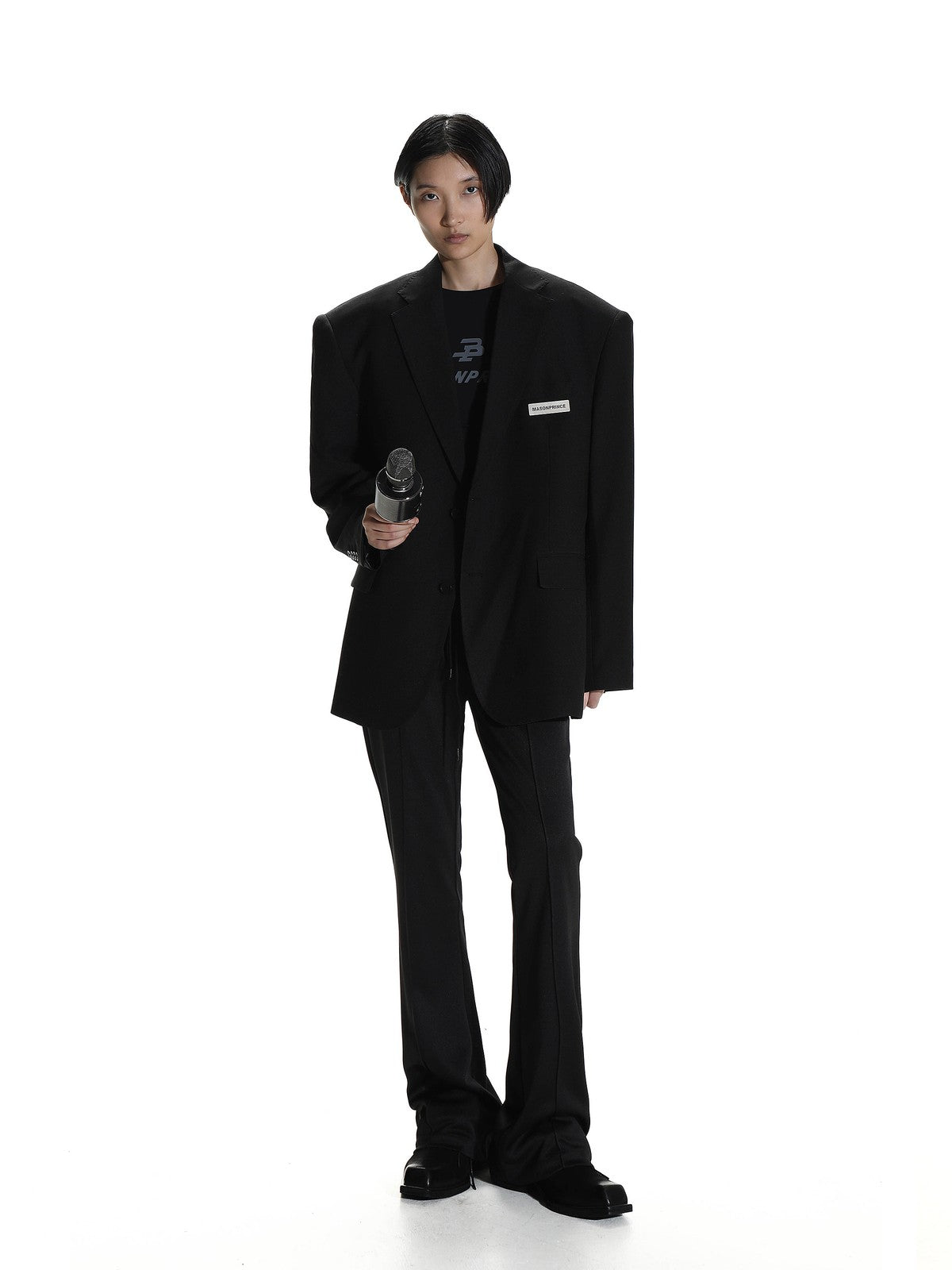 MASONPRINCE Minimalist Textured Two Button Blazer in Gray - On Model