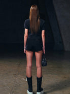 SMFK Silk Blend Short Sleeve Crop Top in Black - On Female Model
