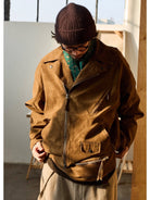 USAGE Distressed Faux Suede Moto Jacket in Brown - On Male Model