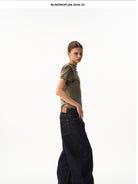 BLINDNOPLAN Curved Wide Leg Raw Denim Jeans in Denim - On Female Model