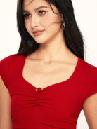 BEERBRO Twist Front Ruched Tee in Red - On Female Model