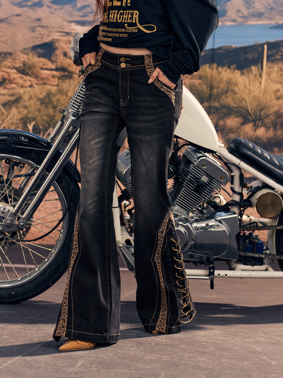 BEERBRO Leopard Panel Lace Up Flare Jeans in Denim - On Female Model
