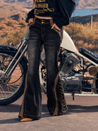 BEERBRO Leopard Panel Lace Up Flare Jeans in Denim - On Female Model