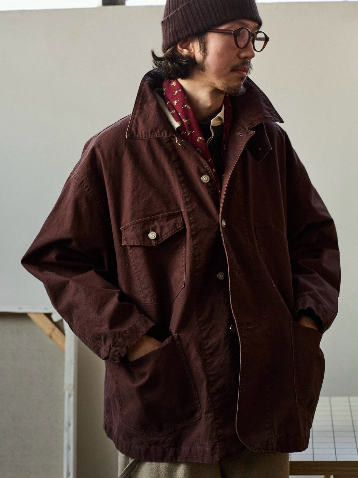 USAGE Washed Heavyweight Cotton Chore Jacket in Brown - On Male Model