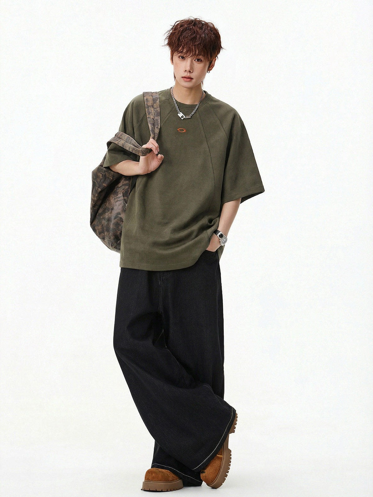 MASONPRINCE Suede Short Sleeve T Shirt in Olive - On Male Model