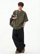 MASONPRINCE Suede Short Sleeve T Shirt in Olive - On Male Model