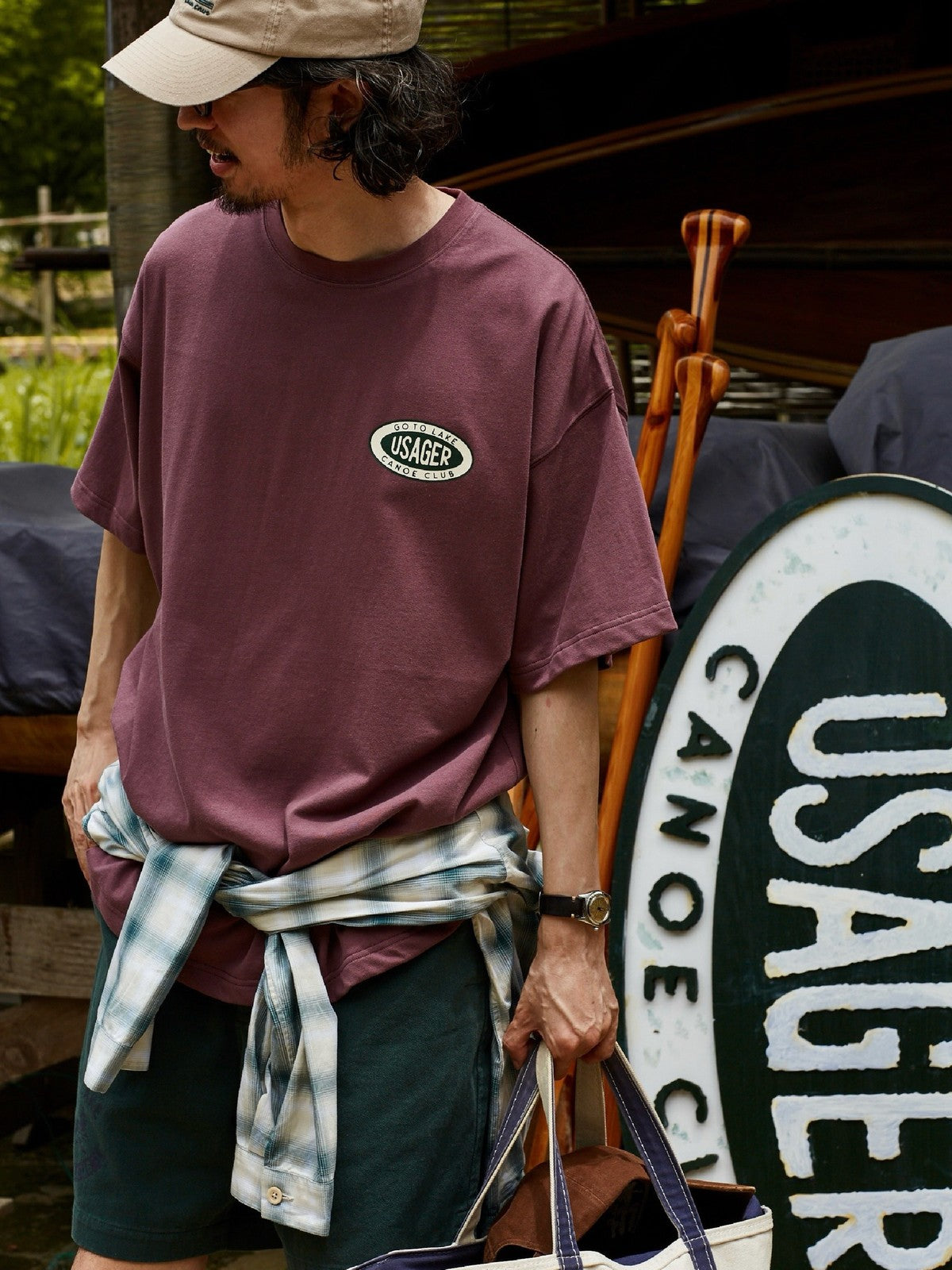 USAGE Canoe Club Graphic Cotton T Shirt in Burgundy - On Male Model