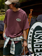 USAGE Canoe Club Graphic Cotton T Shirt in Burgundy - On Male Model