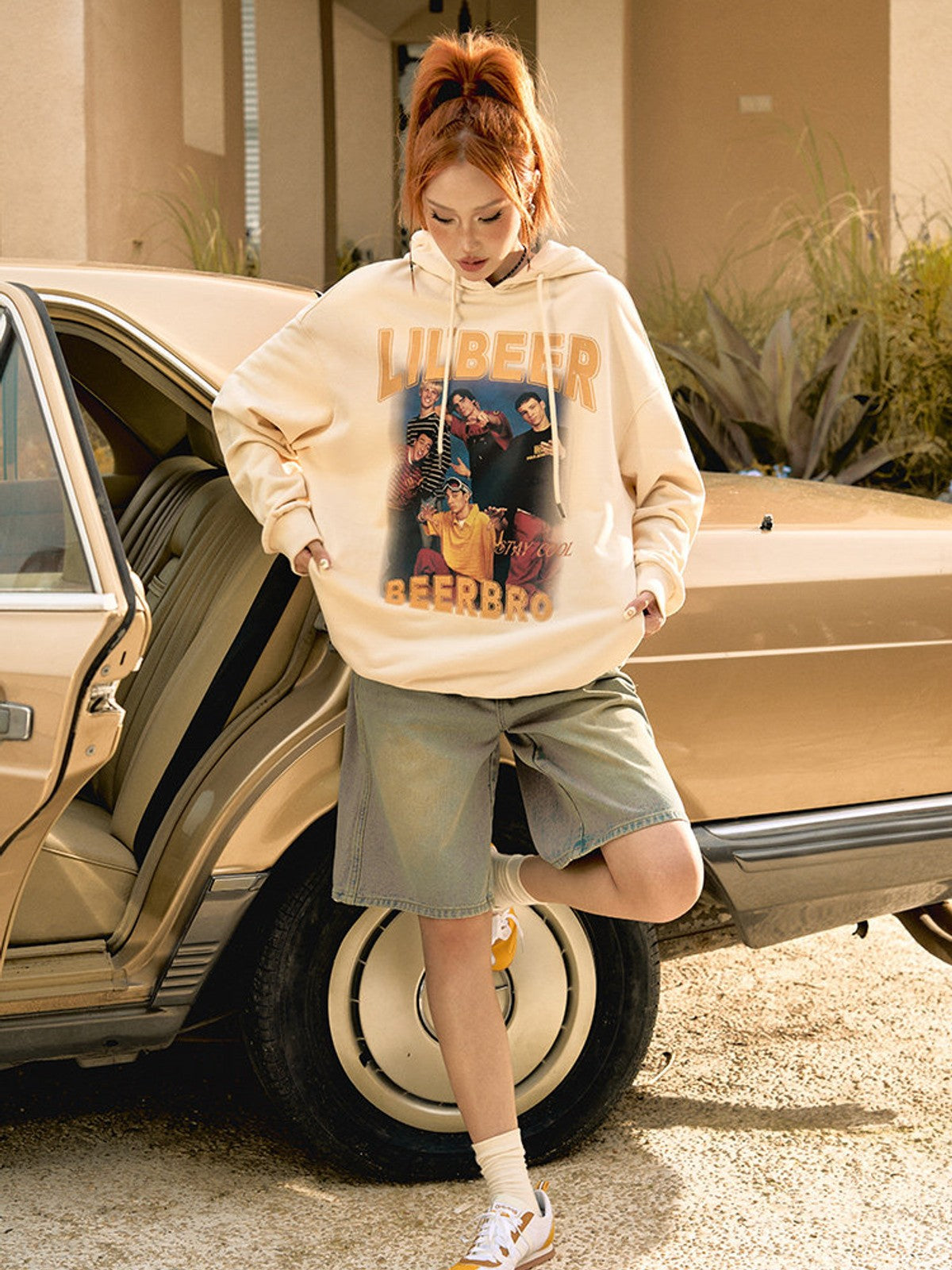 BEERBRO Retro Graphic Print Hoodie in Cream - On Female Model