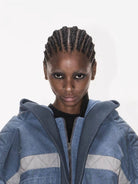 BLINDNOPLAN Distressed Hooded MA 1 Bomber Jacket in Blue - On Female Model