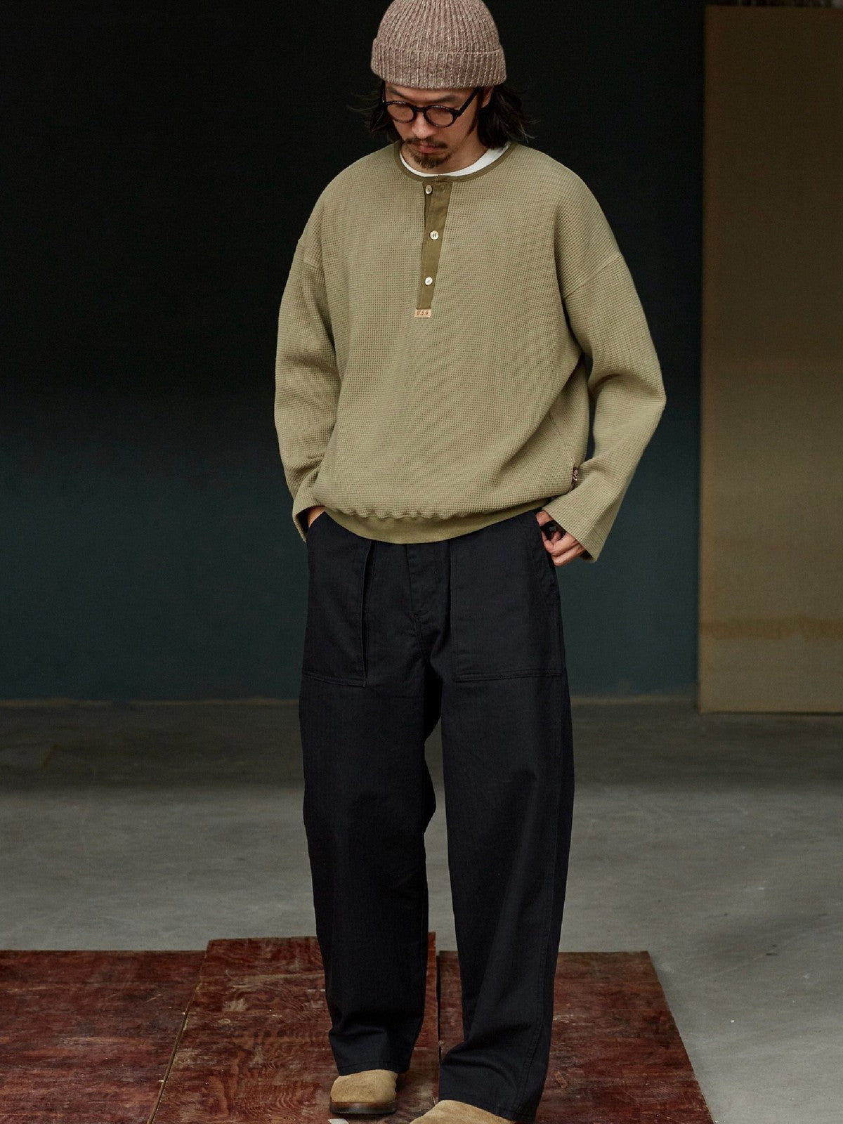 USAGE Heavyweight Waffle Knit Henley Sweatshirt in Olive - On Male Model