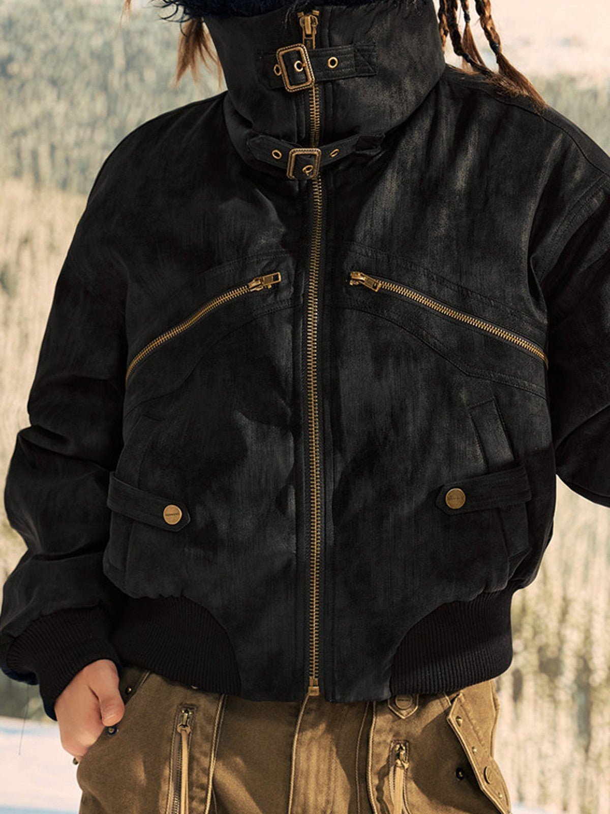 BEERBRO Faux Fur Collar PU Suede Bomber in Black - On Female Model