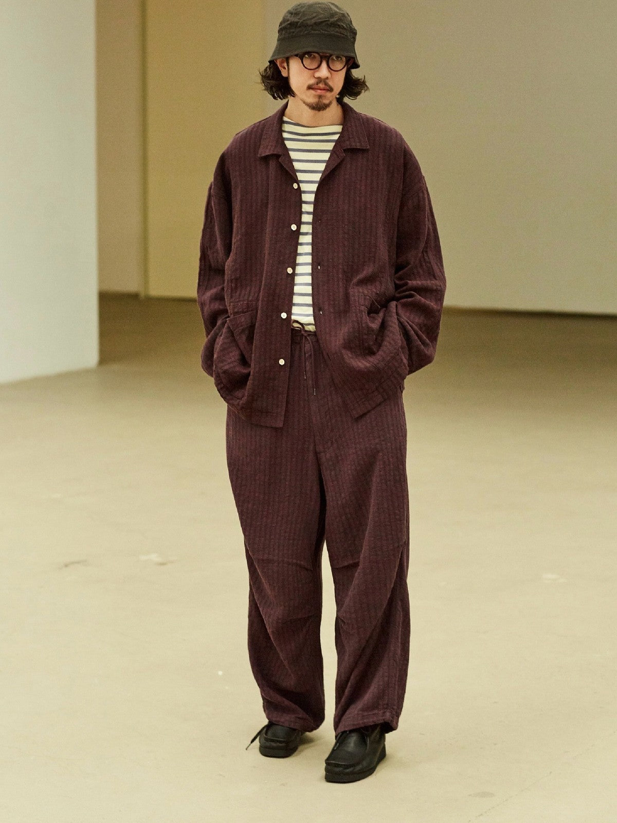 USAGE Textured Cotton Ramie Work Shirt in Purple - On Male Model