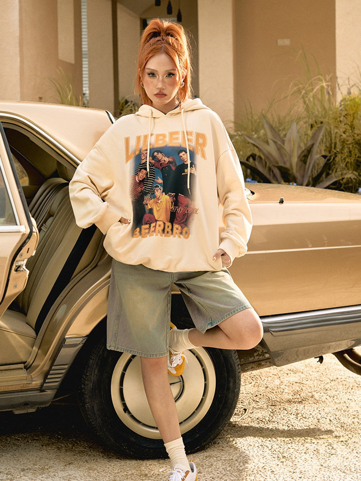 BEERBRO Retro Graphic Print Hoodie in Cream - On Female Model