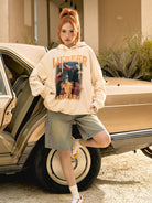 BEERBRO Retro Graphic Print Hoodie in Cream - On Female Model