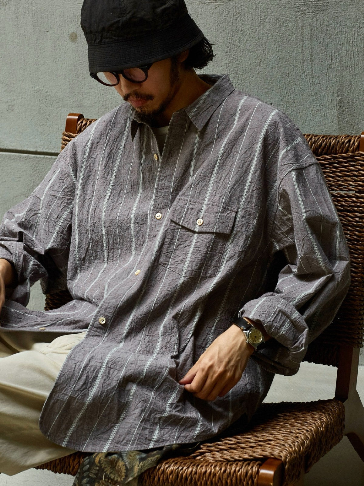 USAGE Crinkled Cotton Striped Button Down in Gray - On Male Model