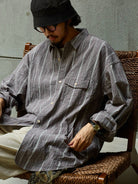 USAGE Crinkled Cotton Striped Button Down in Gray - On Male Model