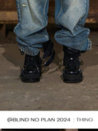 BLINDNOPLAN Distressed Washed Straight Jeans in Blue - On Model