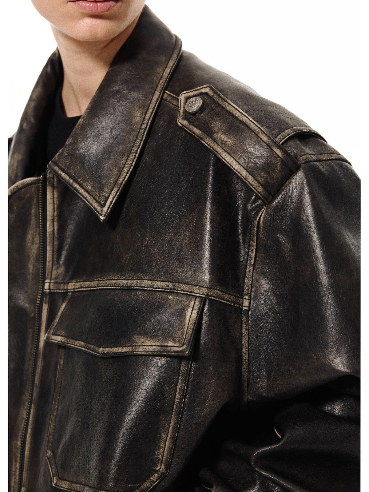 UNKNOWNWORLD Distressed Padded Eco Leather Jacket in Black - On Model