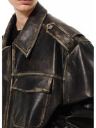 UNKNOWNWORLD Distressed Padded Eco Leather Jacket in Black - On Model