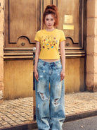 BEERBRO Embroidered Apple Crop Tee in Yellow - On Female Model