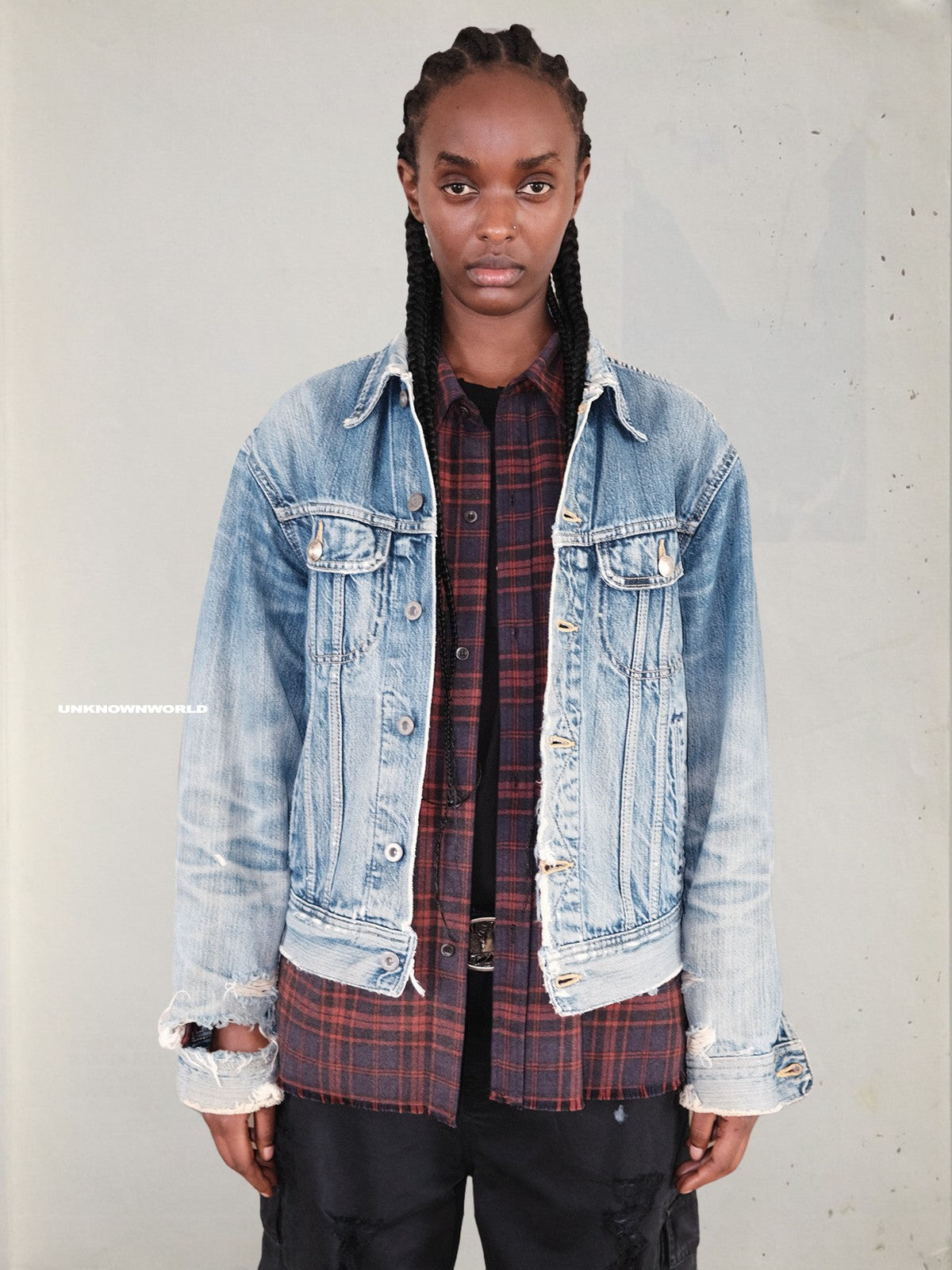 UNKNOWNWORLD Heavy Distressed Denim Jacket in Blue - On Female Model