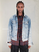 UNKNOWNWORLD Heavy Distressed Denim Jacket in Blue - On Female Model