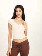 BEERBRO Twist Front Ruched Tee in White - On Female Model