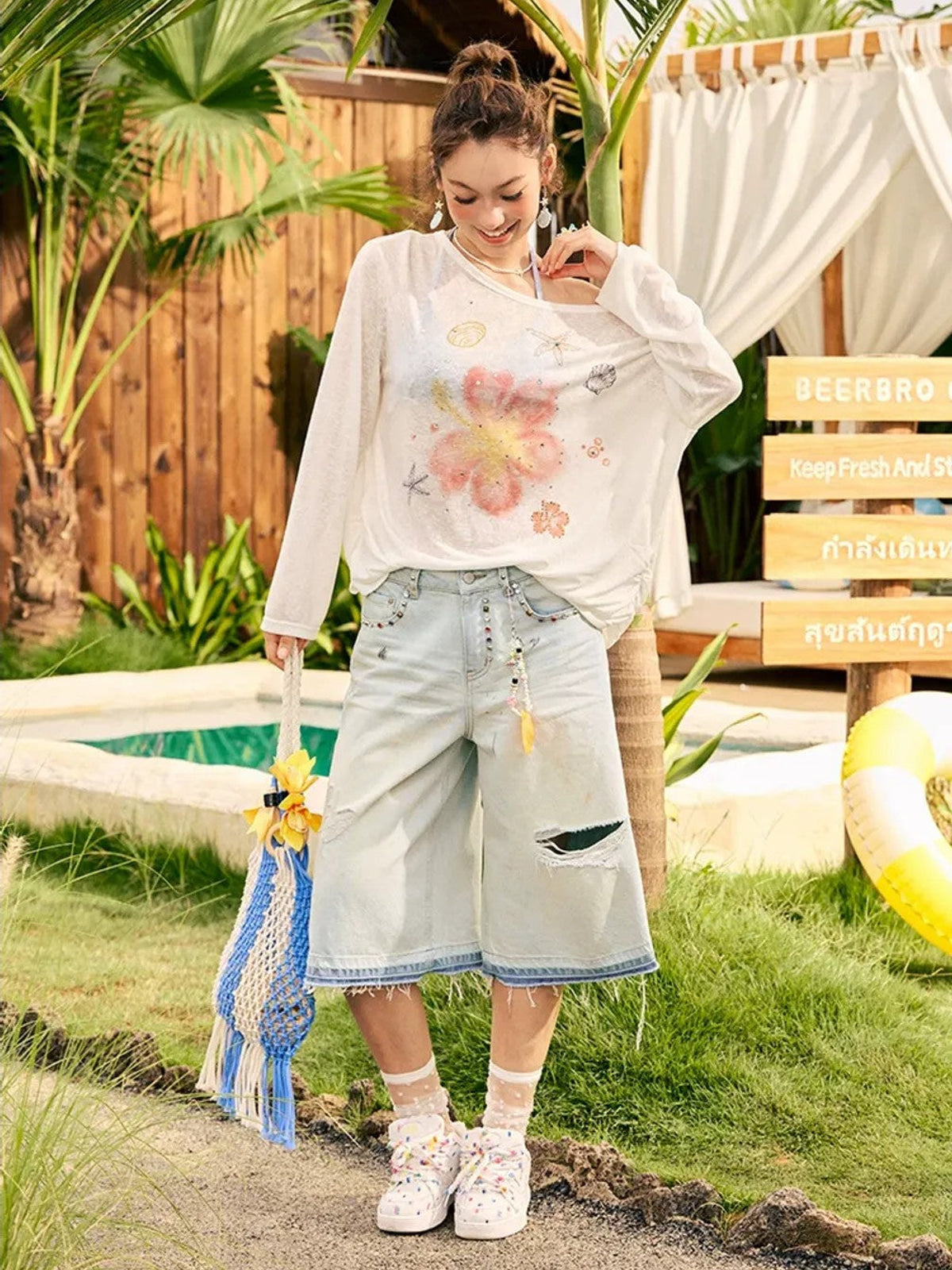 BeerBro Rhinestone Floral Sheer Top in White - On Female Model
