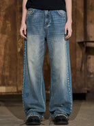 BLINDNOPLAN Distressed Washed Straight Jeans in Blue - On Model
