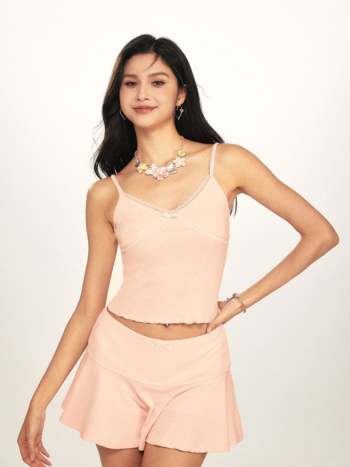 BEERBRO Heart Pointelle Tee Skirt Set in Pink - On Female Model