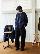 USAGE Heavyweight Waffle Knit Zip Cardigan in Navy Blue - On Male Model