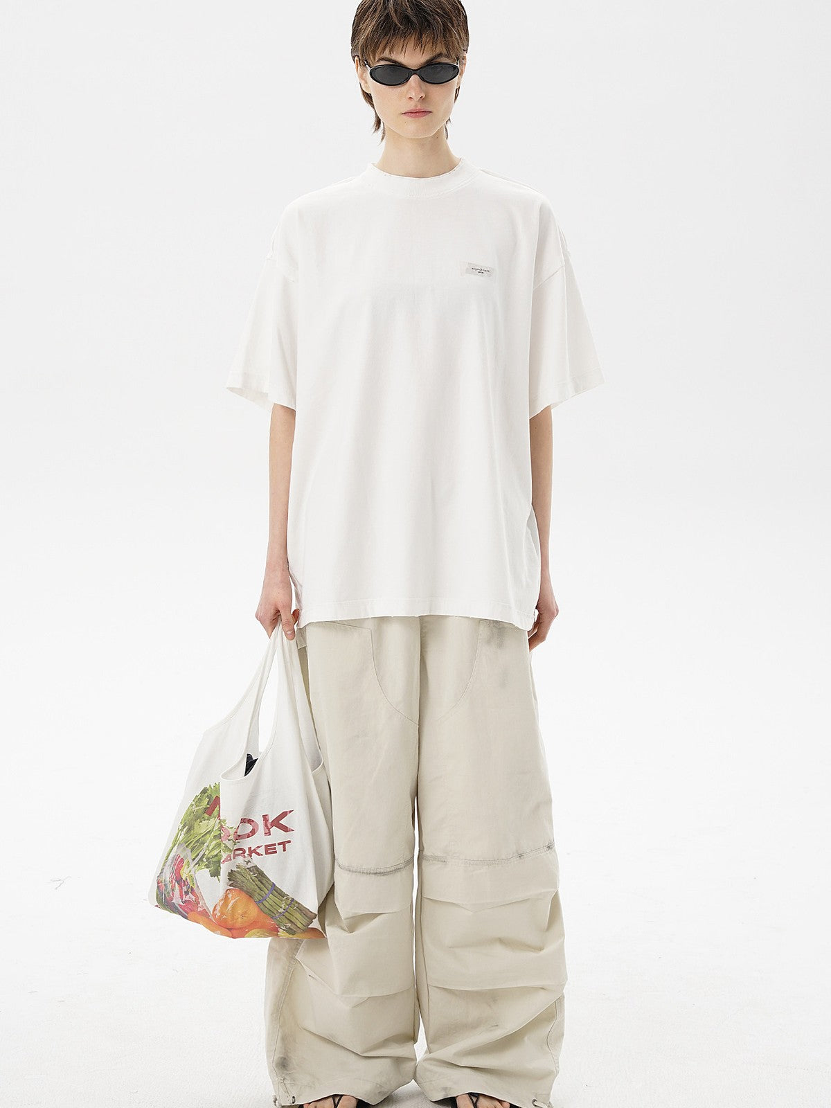 MASONPRINCE Exposed Seam Tape Print T Shirt in White - On Female Model