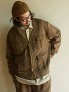 USAGE Cotton Safari Pocket Cardigan Sweatshirt in Beige - On Male Model
