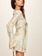 BEERBRO Shell Print Mesh Tie Front Top in Mint - On Female Model